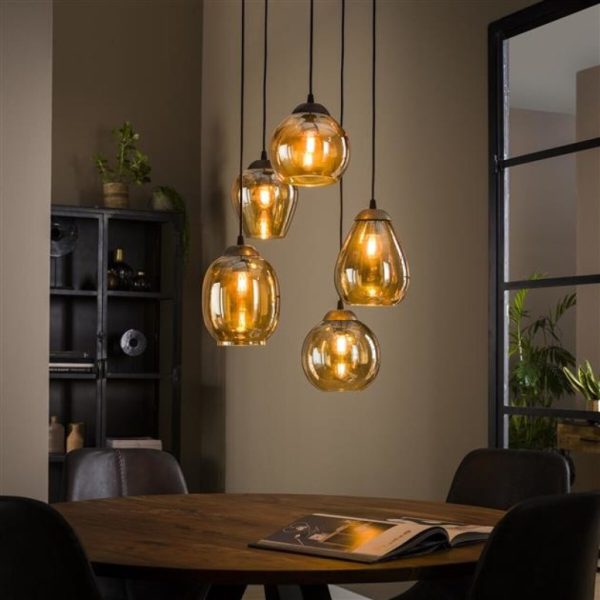 BelaLuz Hanglamp Fabio 5-lichts getrapt  amber glas