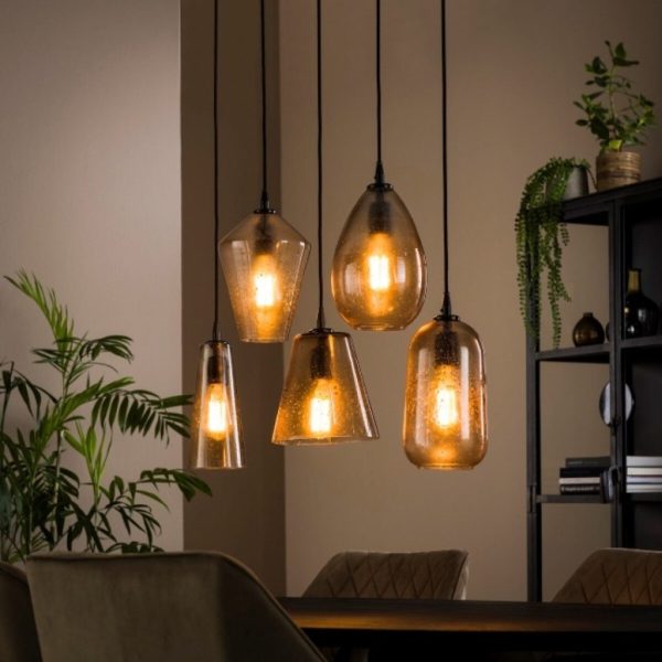 BelaLuz Hanglamp Vinci 5-lichts amber glas mix